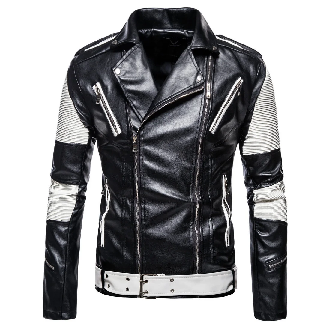 Men's Motorcycle Leather Jacket Stitching Color PU Biker High Street Multi Zipper Coat Men