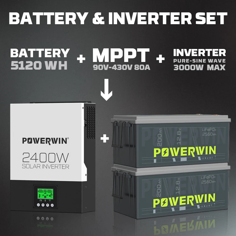 POWERWIN BT200 12V 200Ah/2560Wh LifePO4 HI3000 Hybrid Solar Off-grid 2400W 24V 80A MPPT Pure Sine Wave LCD 12V Battery