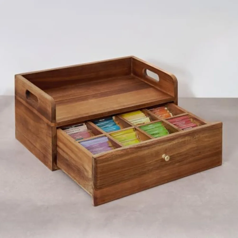 

SARUFO Acacia Wood Tea Bag Organizer with Drawer - Tea Station Chest and Storage Box, Coffee and Teabag Holder with 8 Compartme