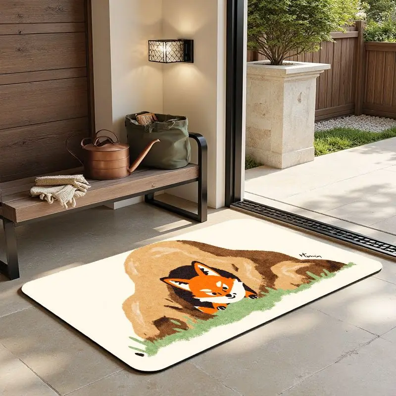 

MatMuse Cute Fox Peeking From Den Home Soft Diatomaceous Earth Mat Floor mats Soft Non-Slip Quick-Drying Cartoon Carpet