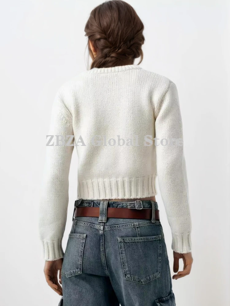 ZBZA Women Vintage Knit Cardigan Solid Crew Neck Long Sleeve Single Breasted Threaded Hem Short Sweater Fall Winter New Lady Top