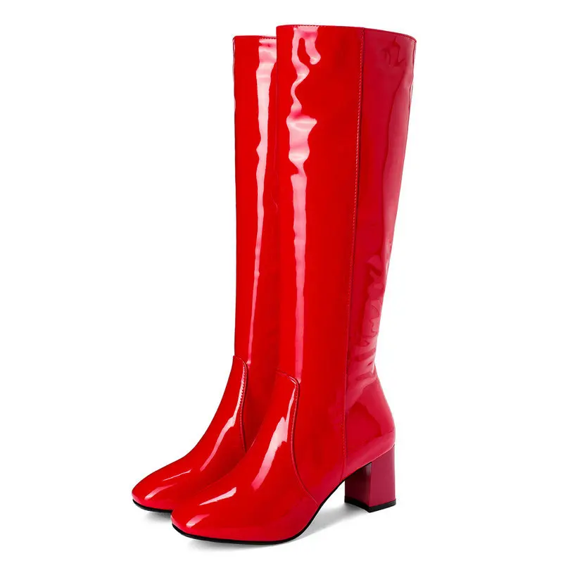 Women Black Red Patent Leather Knee High Boots Square Toe Chunky Block Heel Long Boots Side Zip Party Club Shoes Large Size