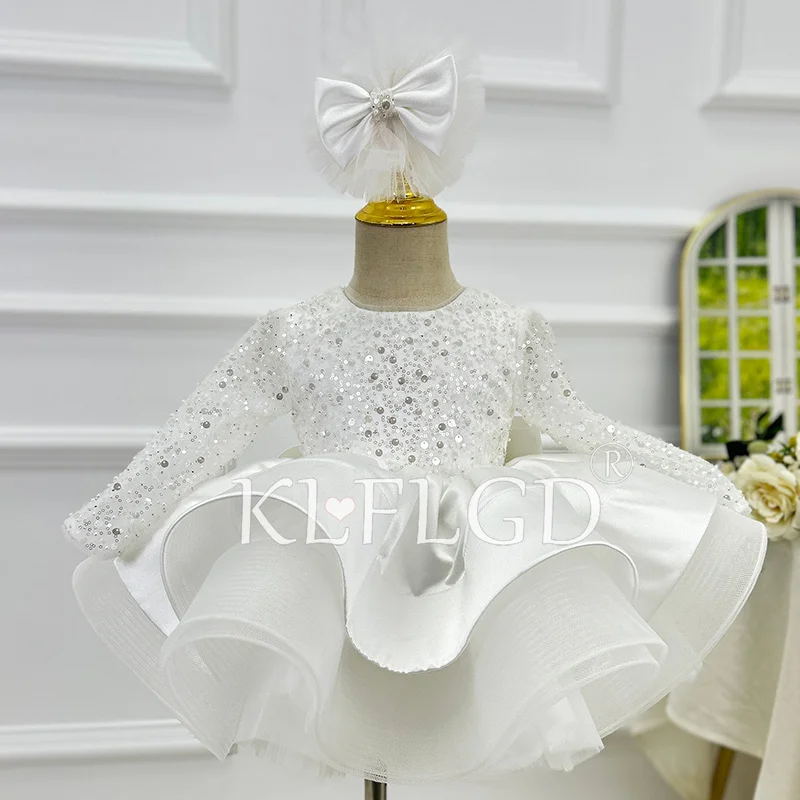 New Sequin Long-Sleeved Little Girl Wedding Dress for Wedding Children First Christmas Dinner Big Butterfly Fluffy Dance Dress
