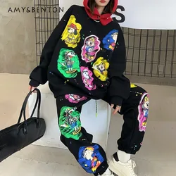 New Age Reduction Heavy Industry Sweatshirt And Sweatpants Outfit Women's Sequins Cartoon Printing Leisure Sports Two-piece Sets