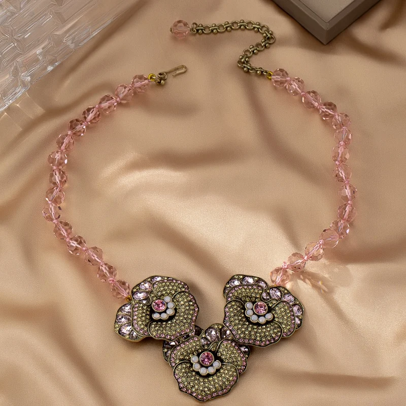 European and American Fashion Trend Glass Full Diamond Lotus Leaf Series Vintage Necklace