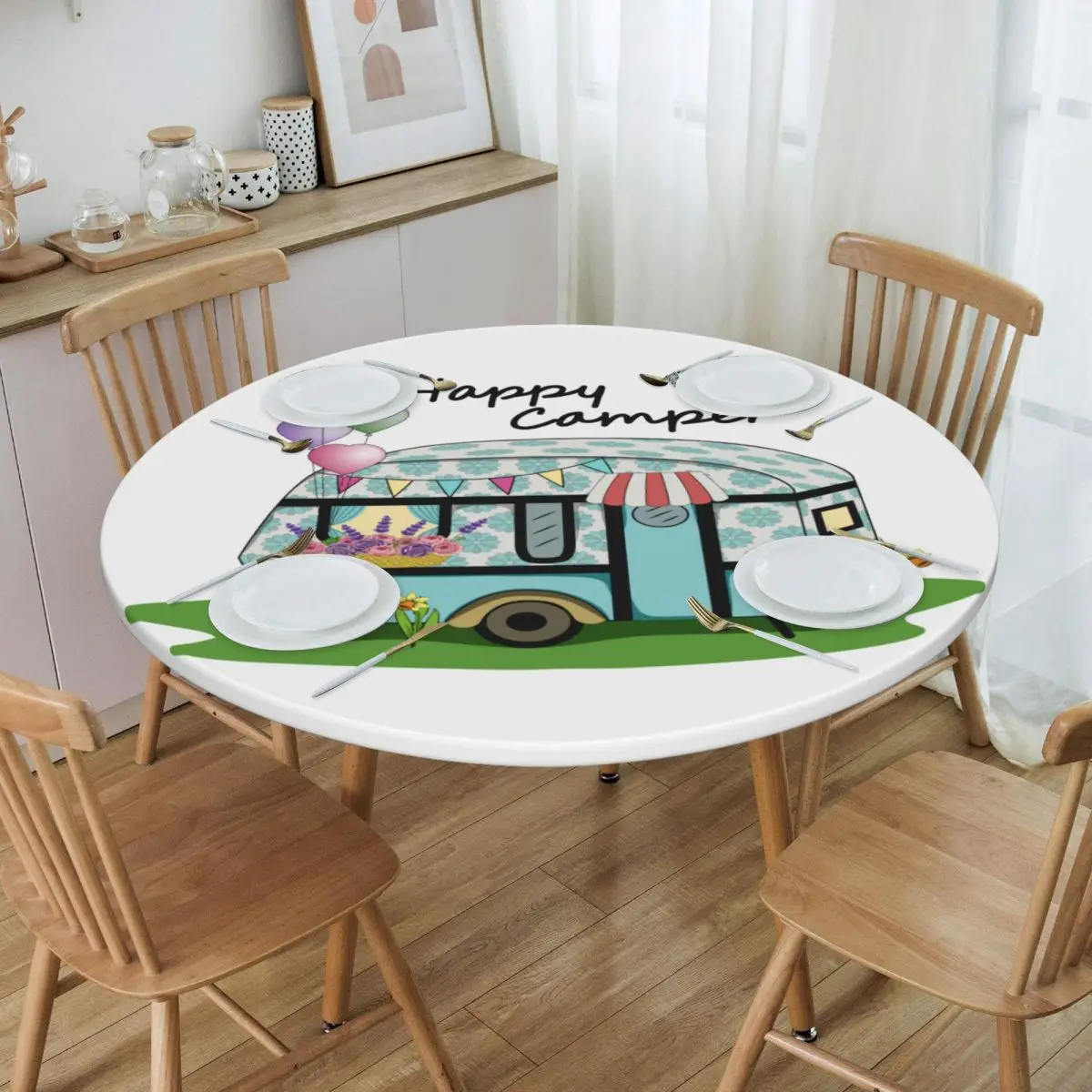 Waterproof Happy Camper Camping Table Cover Elastic Fitted Travel Car Adventure Table Cloth Backed Edge Tablecloth for Dining