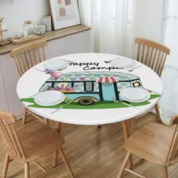 Waterproof Happy Camper Camping Table Cover Elastic Fitted Travel Car Adventure Table Cloth Backed Edge Tablecloth for Dining