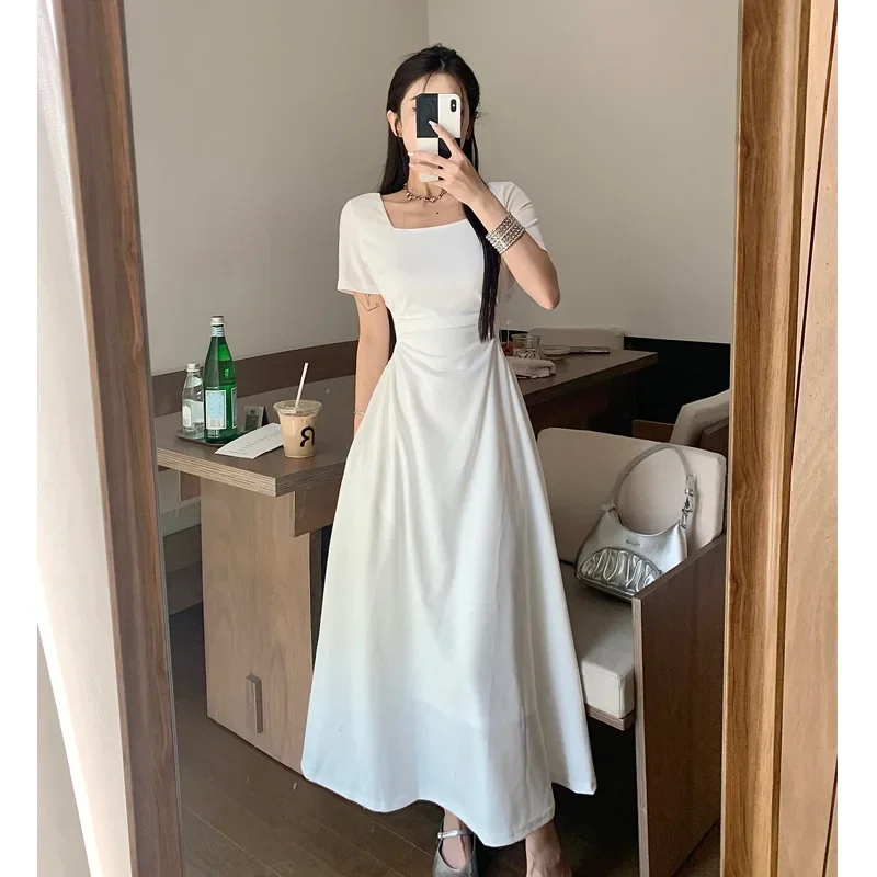 

White Rose French Temperament Superior Short Sleeve Dress Women's A Word High Waist Skinny Skirt Maxi Dresses for Women