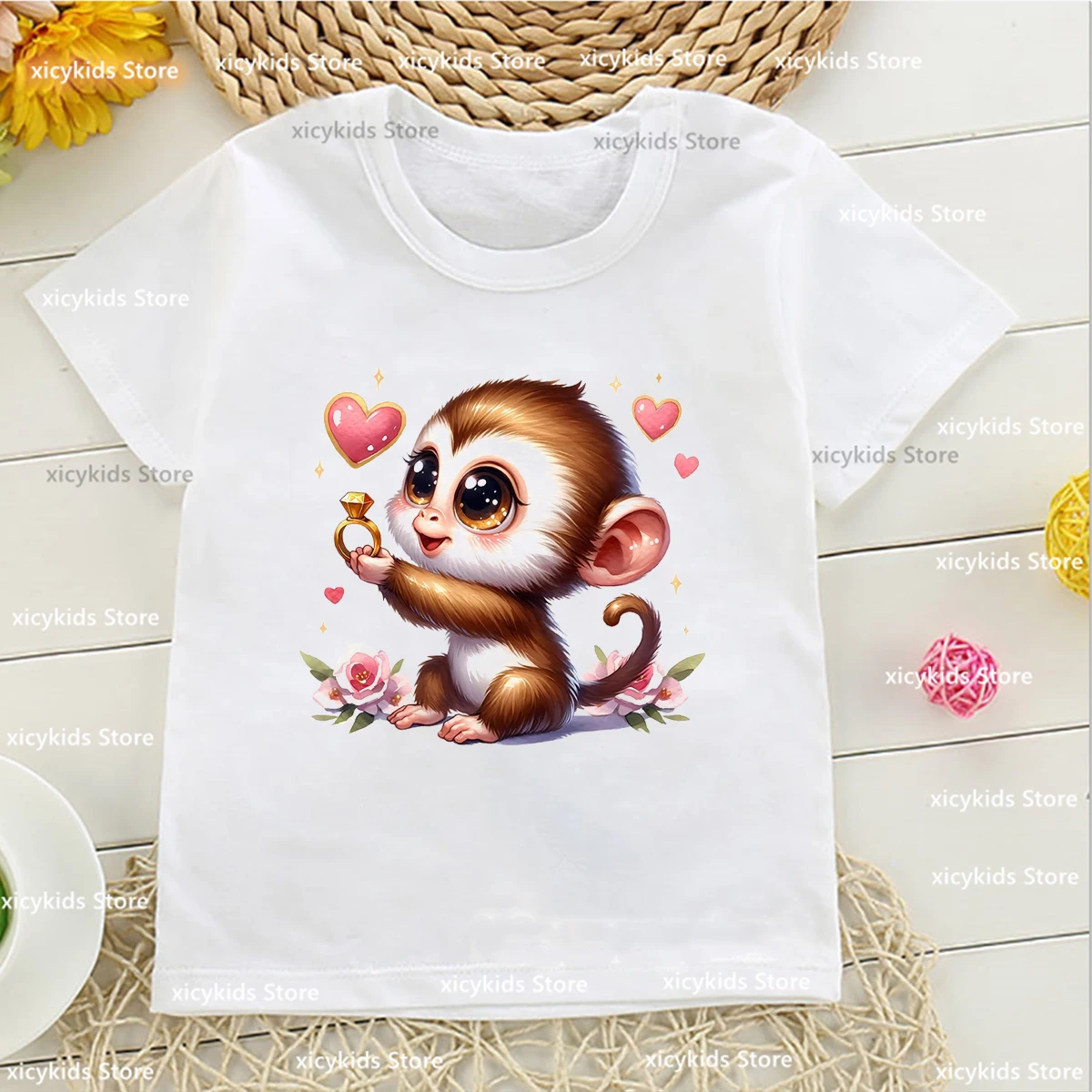 T-Shirt For Girls/Boys Cute Valentine'S Day Monkey Cartoon Print Kids Tshirt Fashion Baby Tshirt Boys/Girls Universal Clothes