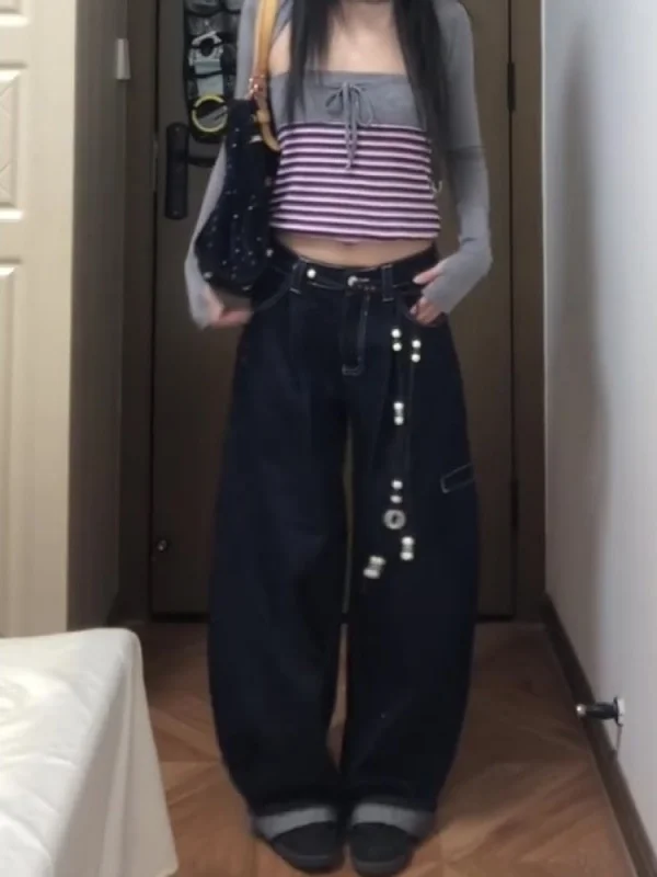 American Sle Retro Wide Leg Knife  Jeans Women's Loose Straight Casual Trousers Autumn New Faion High Waist Jeans