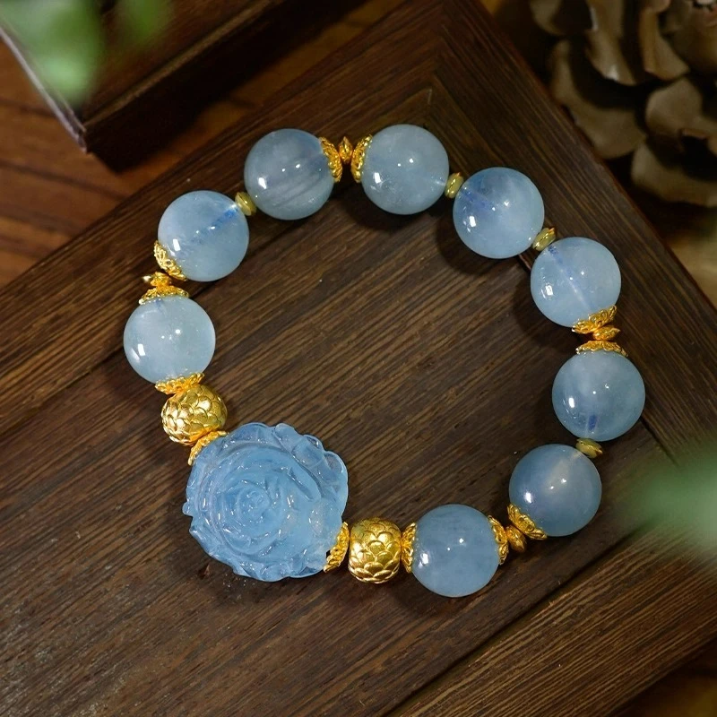 

Браслет из серебра 925 пробы с натуральным аквамарином, большие круглые бусины с позолоченным резным пионом, оригинальная цепочка из драгоценных камней в китайском стиле