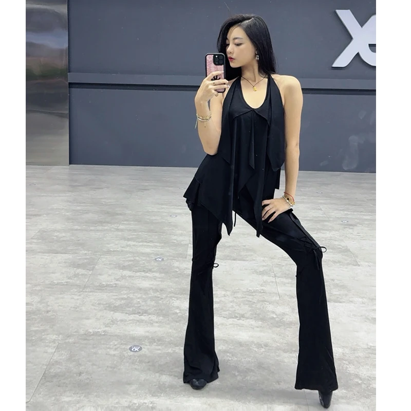 Vêtements d'entraînement de danse latine pour femmes, hauts irréguliers, pantalons évasés, sans manches, kaki, noir, costume Rumba Chacha, vêtements de danse DNV25116