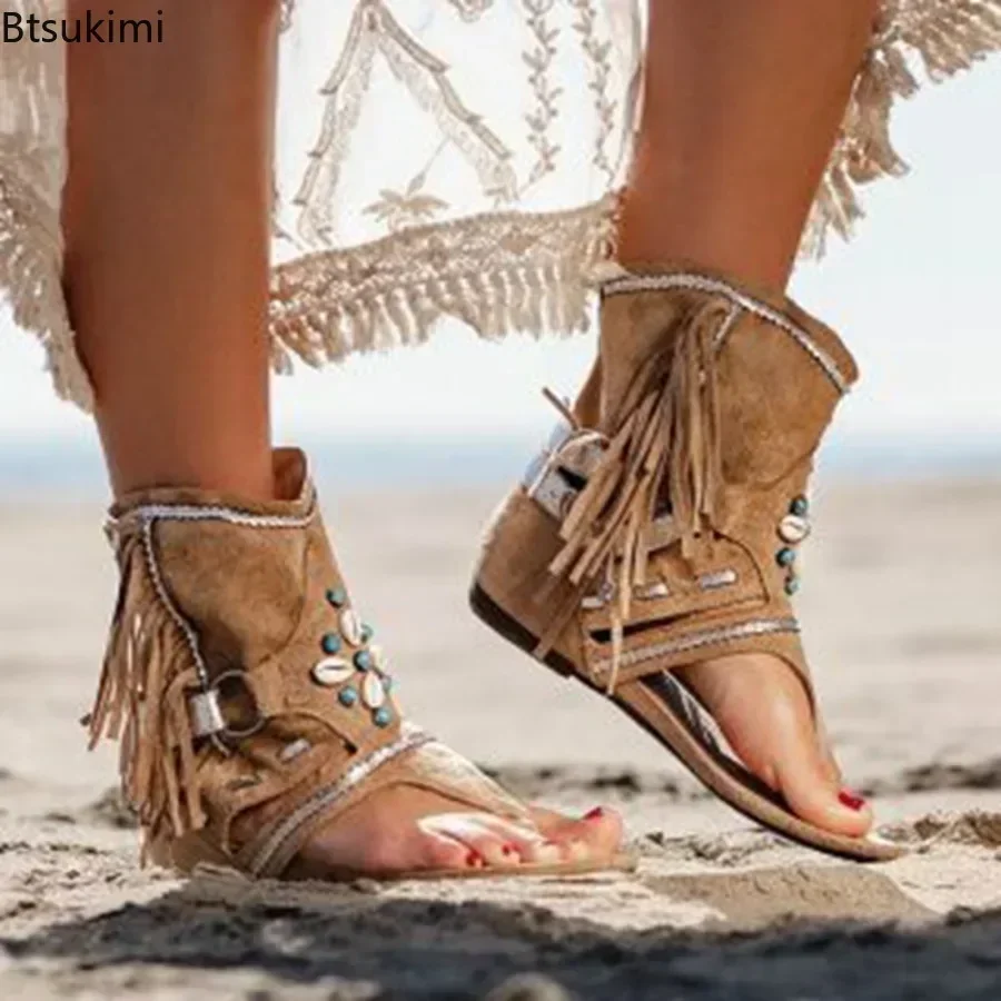 Fashion New Style Retro Women Fringe Flower Wedges Shoes Solid Color Flock Beach Casual Sandals Women Summer Flip Flop Sandals