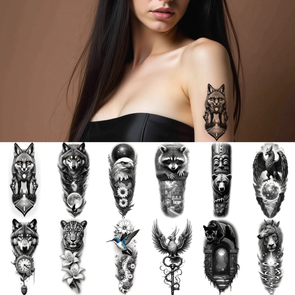 

12pcs Temporary Tattoo Black And Grey Realism Lynx Dragon Clock For Adult Arm Male