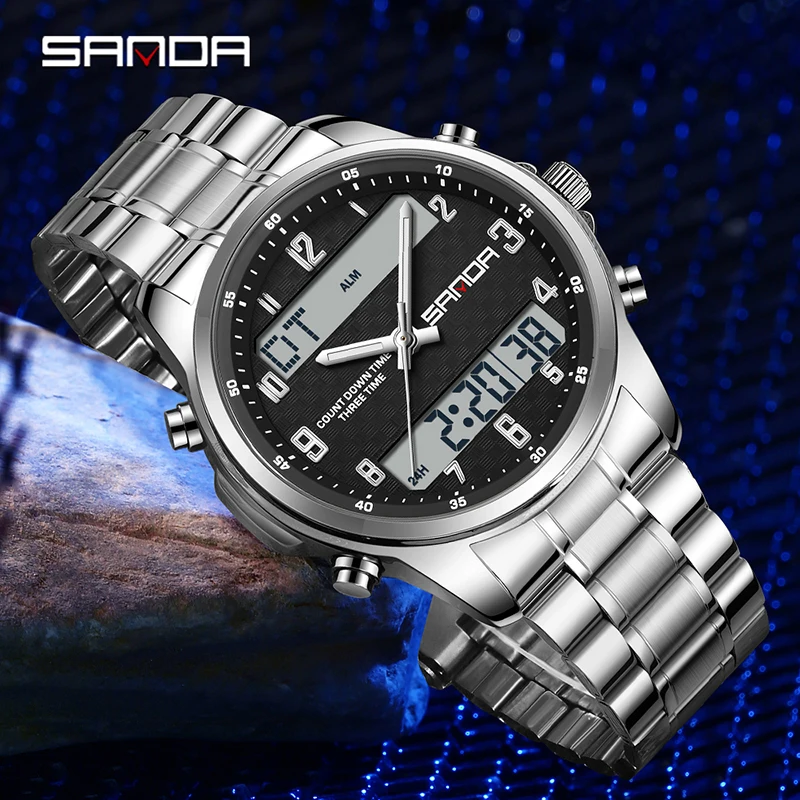 SANDA 9119 العرض المزدوج حزام ناقل من الفولاذ ساعة رجالية حركة مزدوجة متعددة الوظائف توقيت ضوء الليل ساعة تنبيه 5ATM مقاوم للماء