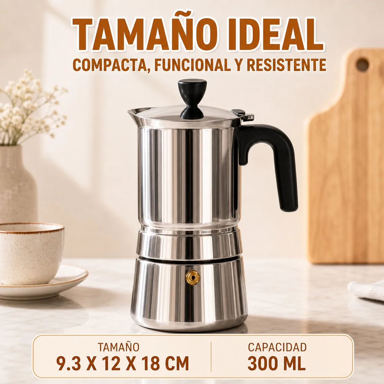Cafetera Italiana de Acero Inoxidable para Inducción, Moka Pot de 300ml para 4 Tazas, Cafetera Espresso Manual con Mango Ergonómico y Válvula de Seguridad, Diseño Premium 18cm