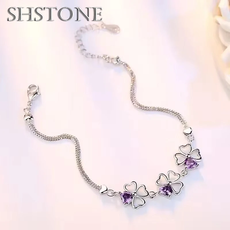 

SHSTONE 925 Sterling Silver Purple Crystal Lucky Clover Bracelets for Women Fashion Party Engagement Birthday Wedding Jewelry