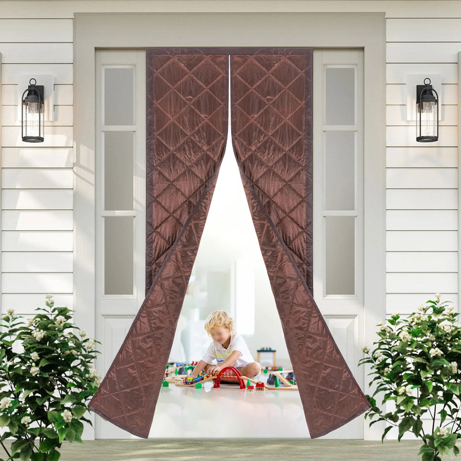 Magnetic Thermal Insulated Door Curtain 0.85x2.05m Waterproof PVC, High Fluffy Cotton, Fast Auto-Closing Magnets for Cold/Heat, Dust & Noise Reduction, Weatherproof & Tear-Resistant, Easy No-Punch Installation, for Home, Shop, Office, Patio Door