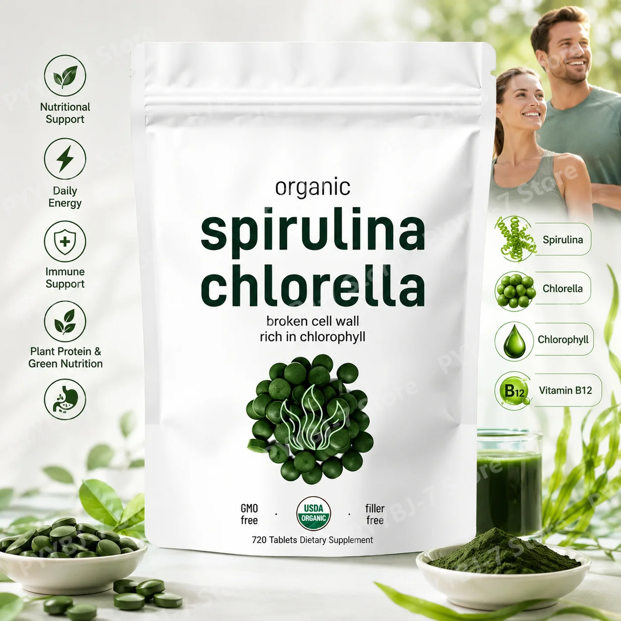 Spirulina Chlorella Tablets Organic Superfood 720 Count Vegan Plant Based Green Algae Nutritional Supplement Chlorophyll Source
