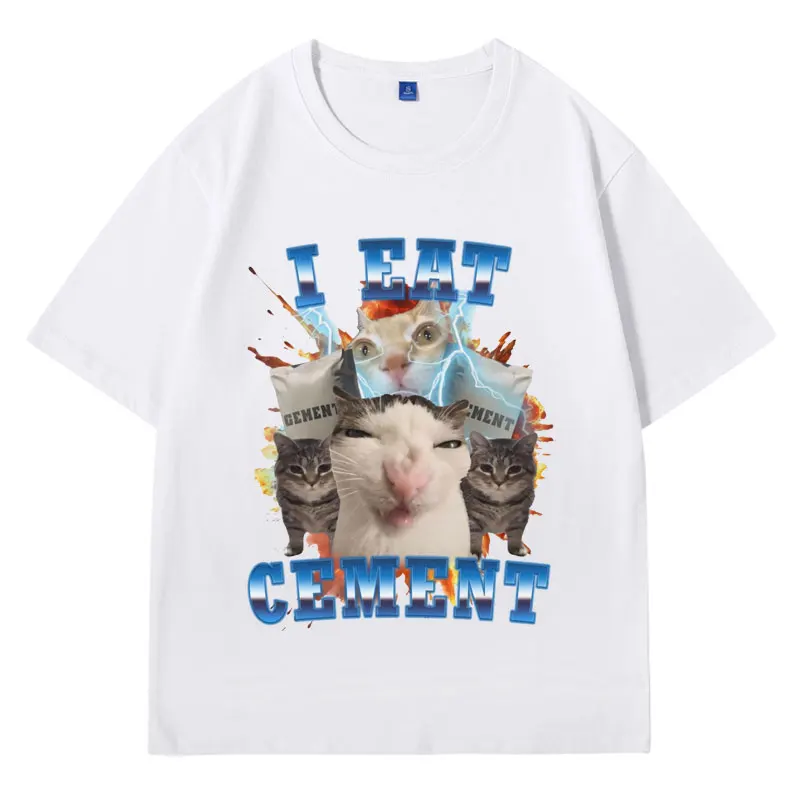 I Eat Cement Funny Cat Meme T Shirt Men's Clothing Retro Fashion Short Sleeve T-shirt Oversized 100% Cotton Tees Male Streetwear