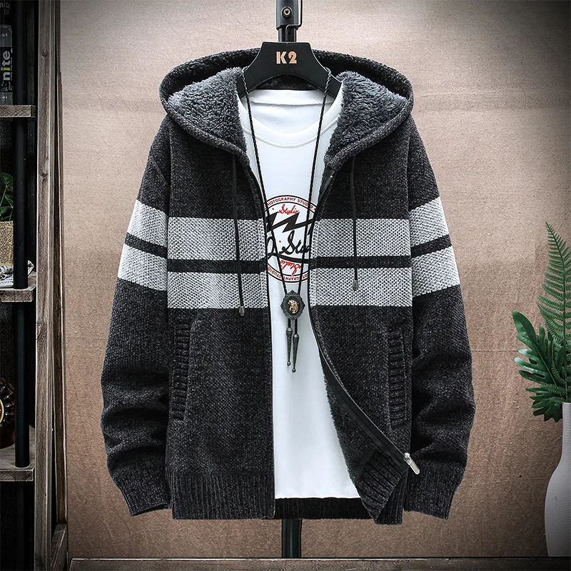 Fleece Thickening Men Cardigan Sweater Autumn Winter Color Block Casual Keep Warm Hooded Coat New Fashion Loose Knitted Tops Men