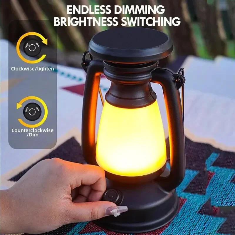 Portable Retro Camping Lantern Solar Charging Tent Ambient Light Fishing 3 Speed Dimmable Outdoor Waterproof Emergency Work Lamp