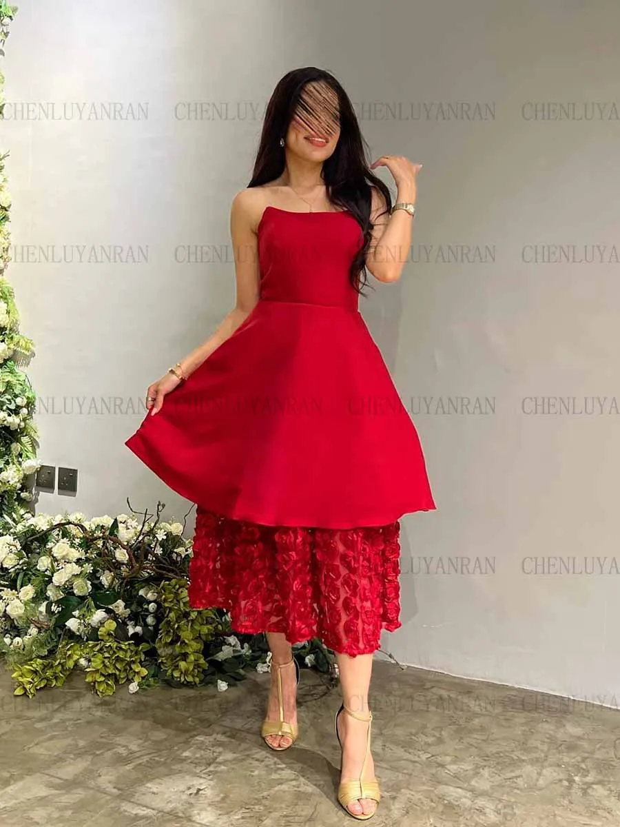 

Satin Red Formal Occasion Dresses 2023 Strapless Sleeveless Sexy Party Dress Tea-Length Elegant Evening Gowns فساتين السهرة