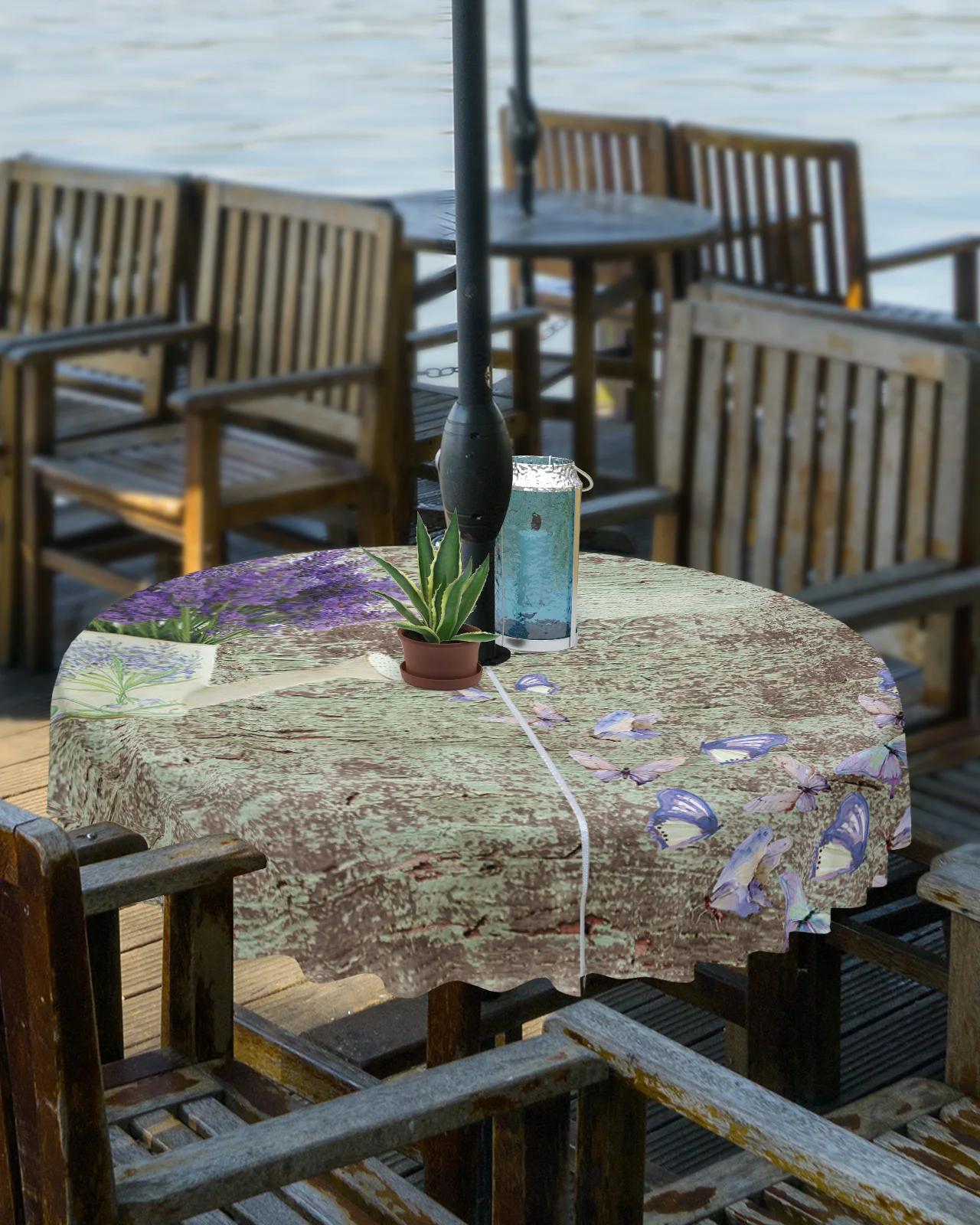 Watering Can Purple Flower Butterfly Outdoor Tablecloth with Umbrella Hole Zippered Waterproof Picnic Patio Round Table Cover