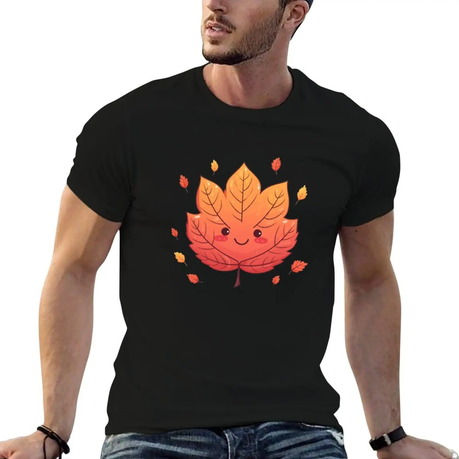 Smiling Autumn Maple Leaf with Smaller Leaves in the Background T-Shirt Lightweight Casual Summer T-Shirt