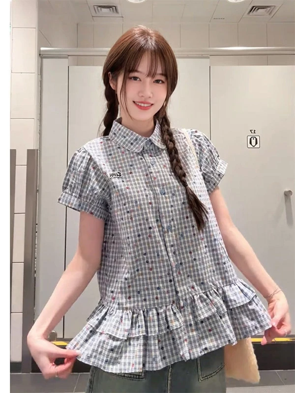 Women's Summer Short Sleeve  Shirt Gathered Waist Bubble Sleeve Checkered  Collar Casual Fashion Breathable Top