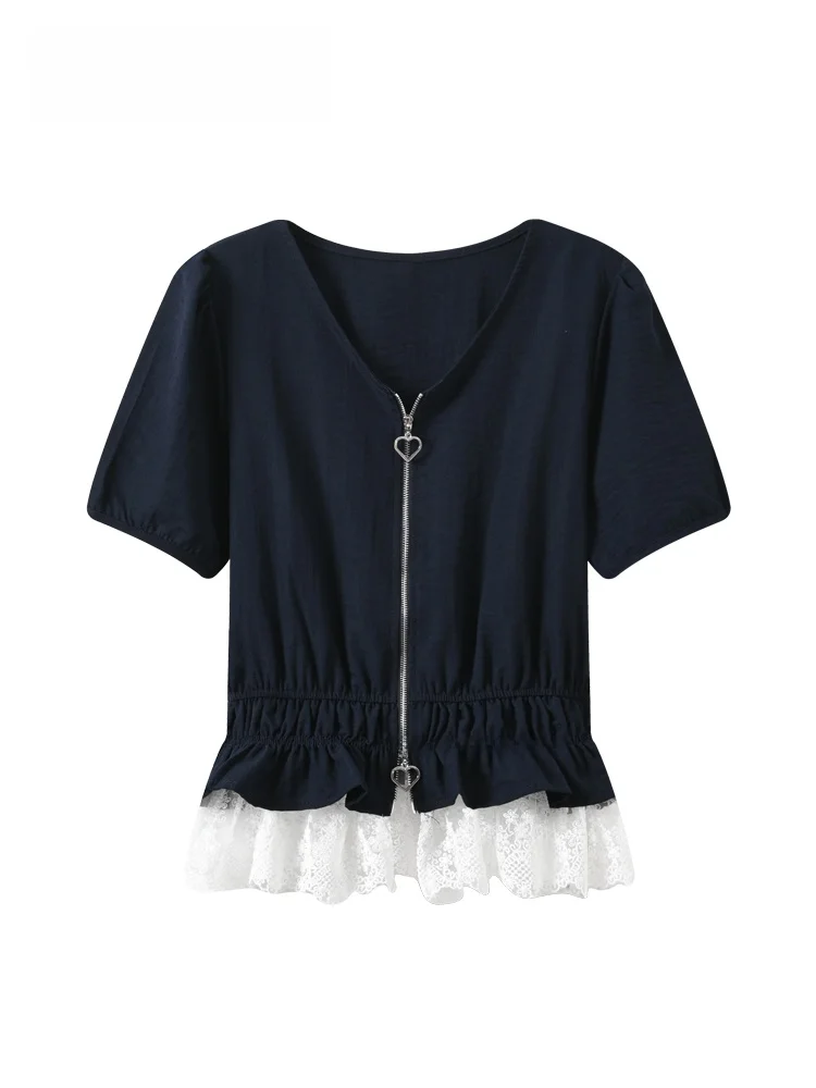 

plus Size Women's Short Sleeve T-Shirt Lace Patchwork Fashion Top Summer New Style Cara CLUB Big Size Inner Wear Polyester Fiber