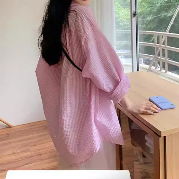 

2025 Lazy and gentle girl Korean niche spring and summer wear bubble cotton texture plaid medium and long sun protection clothes