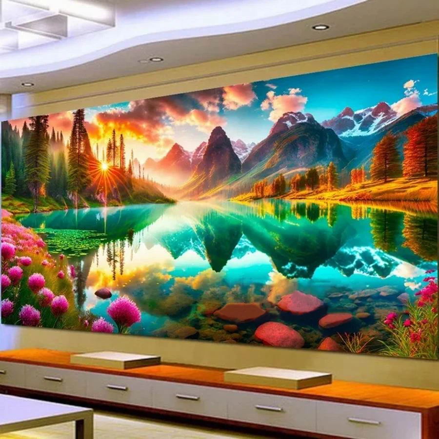 Scenic Waterfall Deers Diamond Painting Large Size Natural Scenery Full Mosaic Embroidery Kits Rhinestone Picture Wall Decor