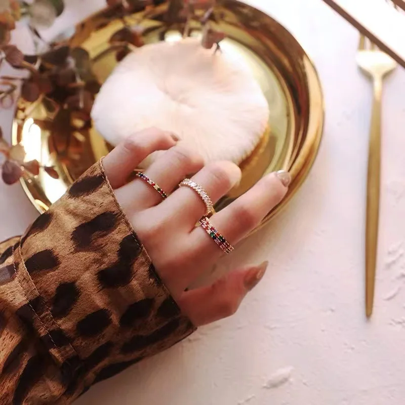 Colorful Full Diamonds rings for women Light Luxury Exquisite Sparkling Single Row Ring Charms Stacking Style Party Jewelry Gift