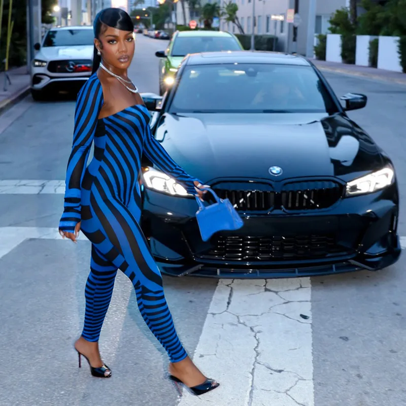 Sexy Figure‑Hugging Stretchy Snug Jumpsuit, Square Neck Long Sleeve Backless Striped Skinny Unitard For Party Ladies Night Party Wear