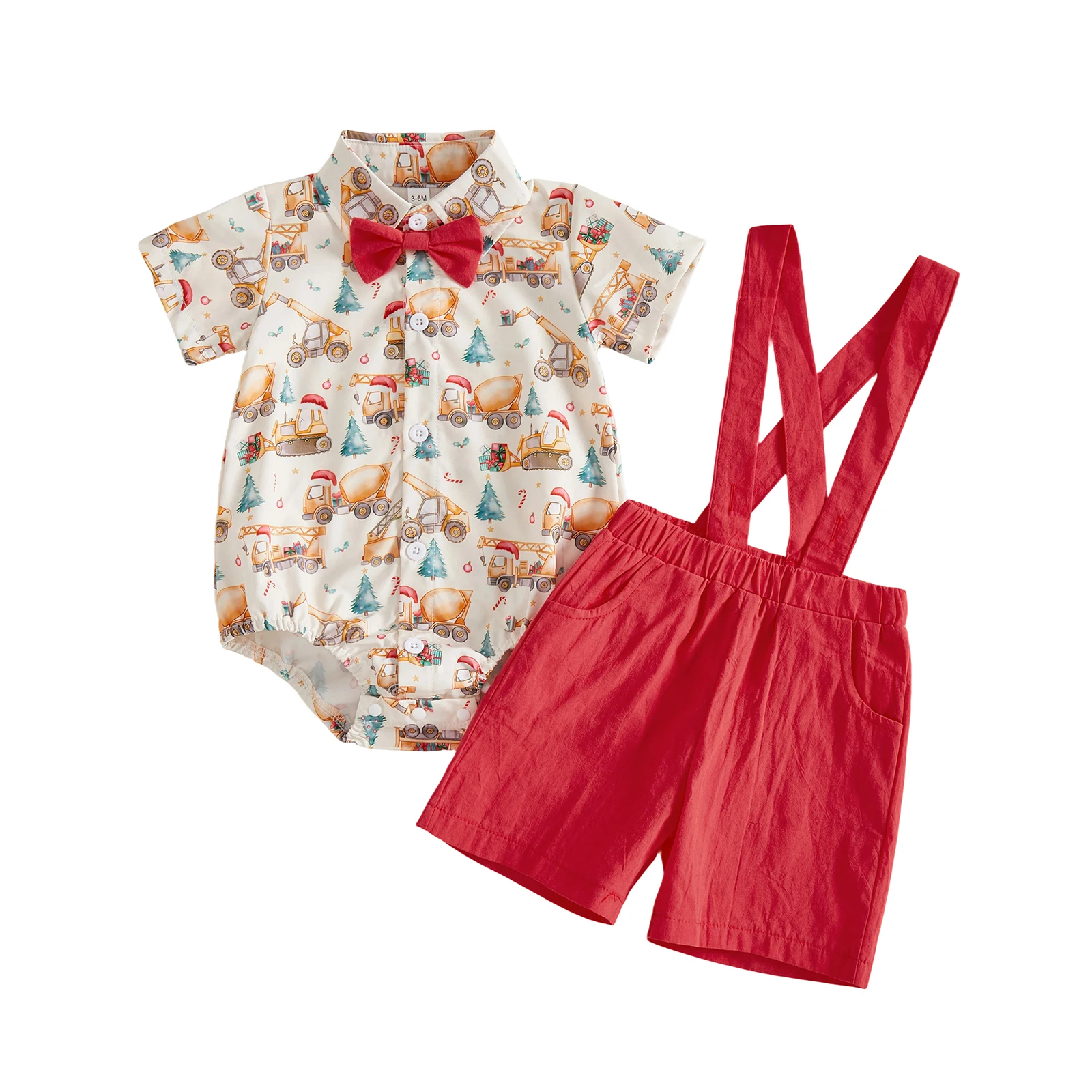 Baby Boy Christmas Outfit Short Sleeve Romper and Suspender Shorts Bow Tie