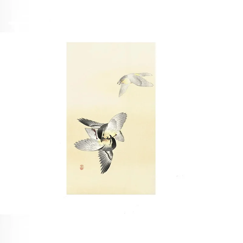 Two fighting birds (1900 - 1936) by Ohara Koson (1877-1945) Photo, Art Print Canvas Poster, Living Room Decor, Home Wall Picture