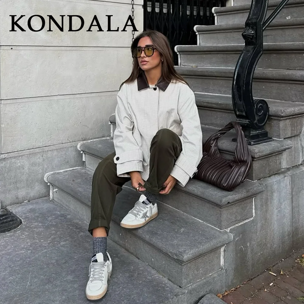 

KONDALA 2025 Fall Winter Streetwear Women Jackets Fashion Elegant Plaid Spliced Pu Turndown Collar Ladies Chic Trench Coats