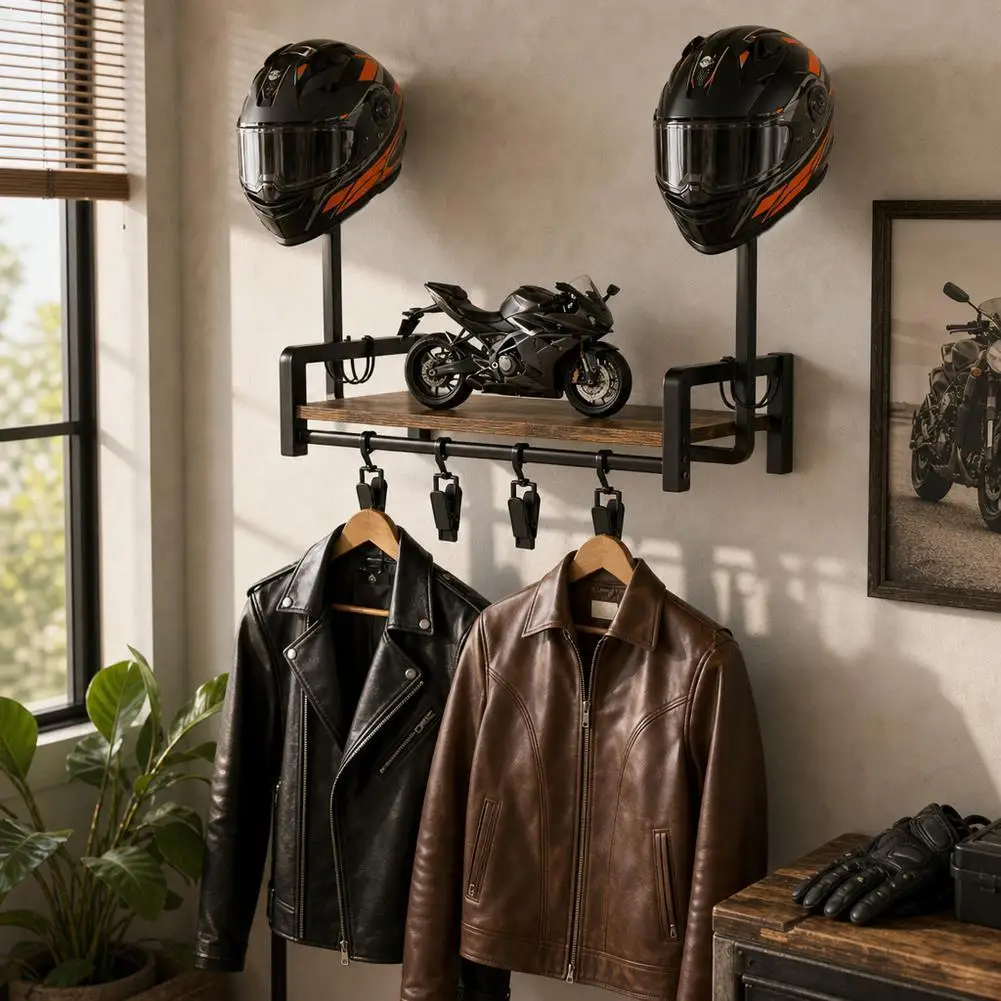 Wooden Motorcycle Helmet Wall Mount With Hooks Multipurpose Shelf Jacket Holders Kitchen Cabinet Shelf Helmet Display Stand