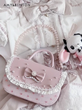 

Сумка через плечо Lolita Mine Series: милая японская ретро-сумка Itabag малой вместимости для девочек, украшенная бусинами, стразами, бантом и жемчугом