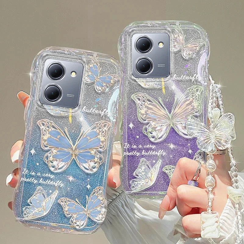 Butterfly Bracelet Chain Case For Xiaomi Redmi Note 12 12S 11 11S 10 10S 9 9S 8 Pro A1 A2 Plus 12C 10A 10C 9A 9C 9T Wavy Cover