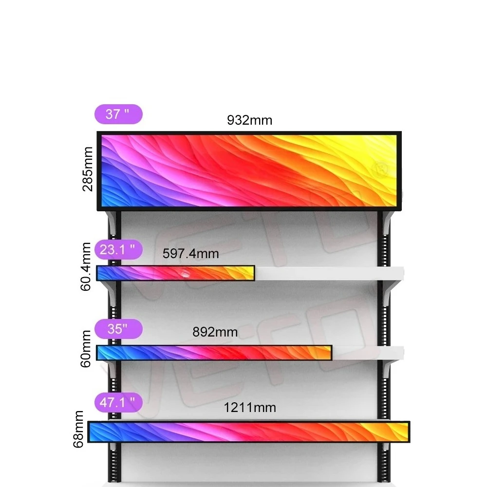 

Ультраширокий рекламный дисплей с высоким разрешением для полок супермаркетов, настраиваемый размер, ЖК-панель для полок, полочный экран