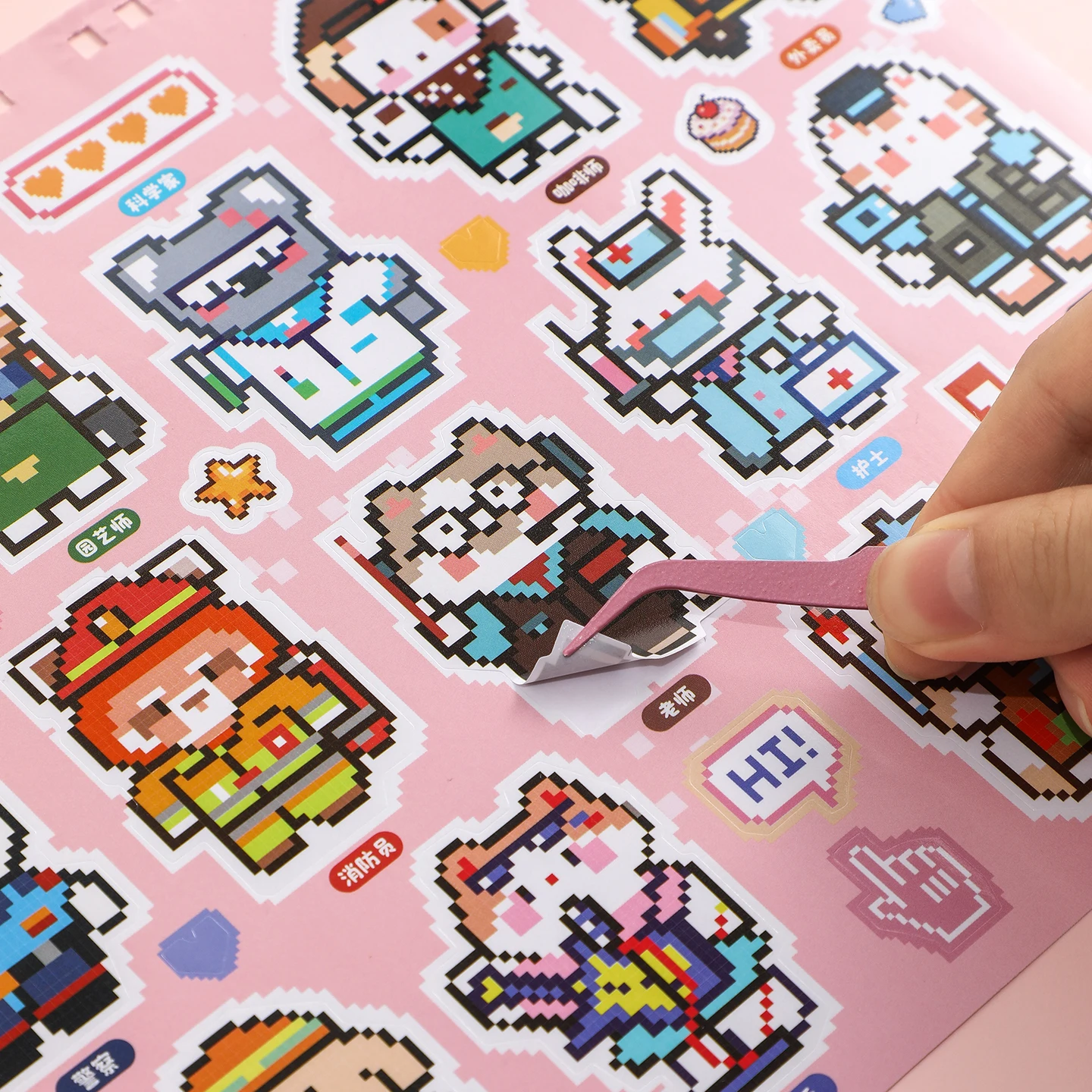 TIANZI 28 Sheets Pixel Wars Series Cute Die Cut Stickers Book Retro Cartoon Handmade Scrapbooking Phone Decals