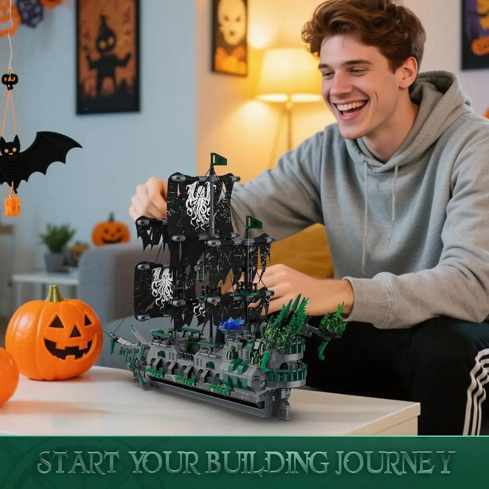 Set di blocchi da costruzione per nave pirata da 1100 pezzi con luce, ideale per adulti e bambini, perfetto arredamento per l'home office e regalo di compleanno