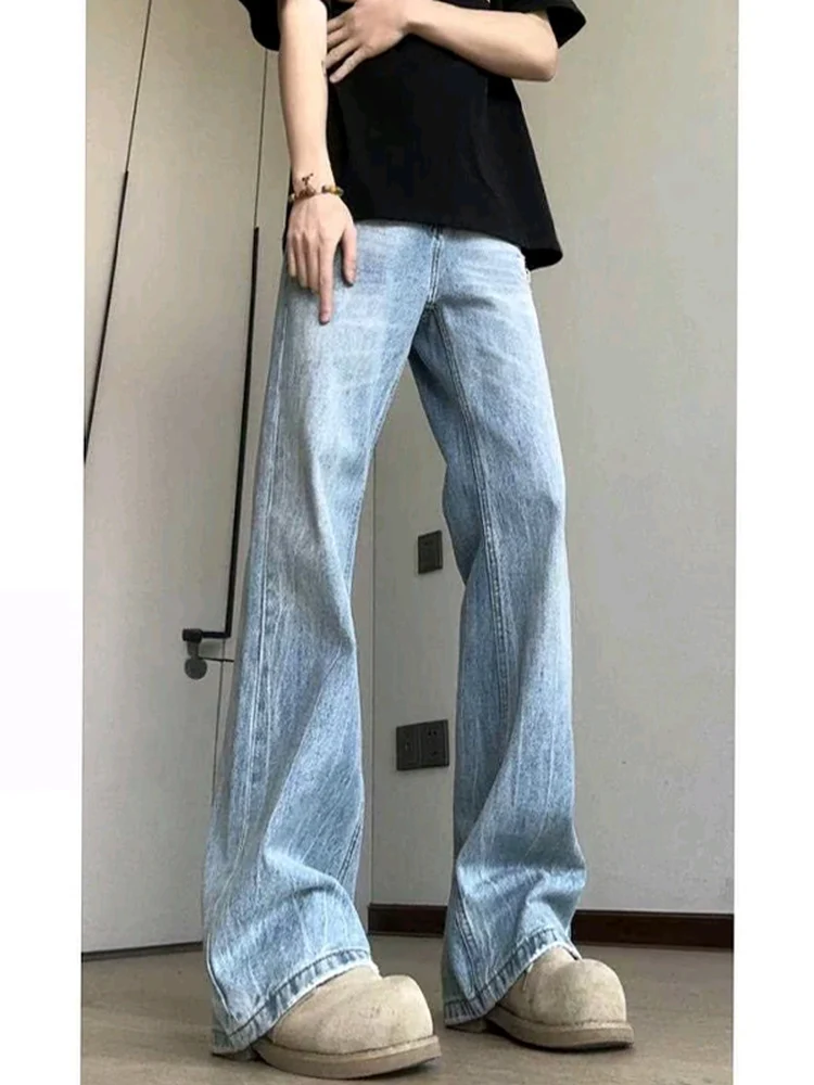 

Retro American High Street Vibe Lightning Pattern Jeans CleanFit Waed Straight Leg Slim Casual Pants Youth Leisure Cotton