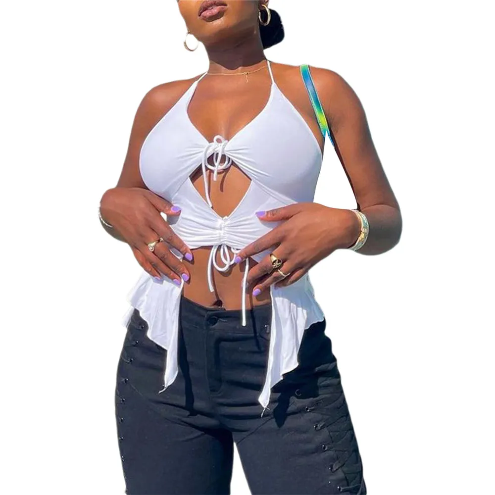 Stile gotico sexy vintage con spalline Y2K Halter Crop Top donna estate backless Cami volant moda tinta unita canotta festa