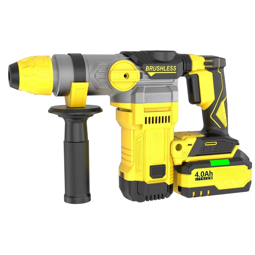 

Yellow Brushless Jackhammer Cordless Impact Drill Portable Light Electric Demolition Rotary Hammer for Concrete Drilling