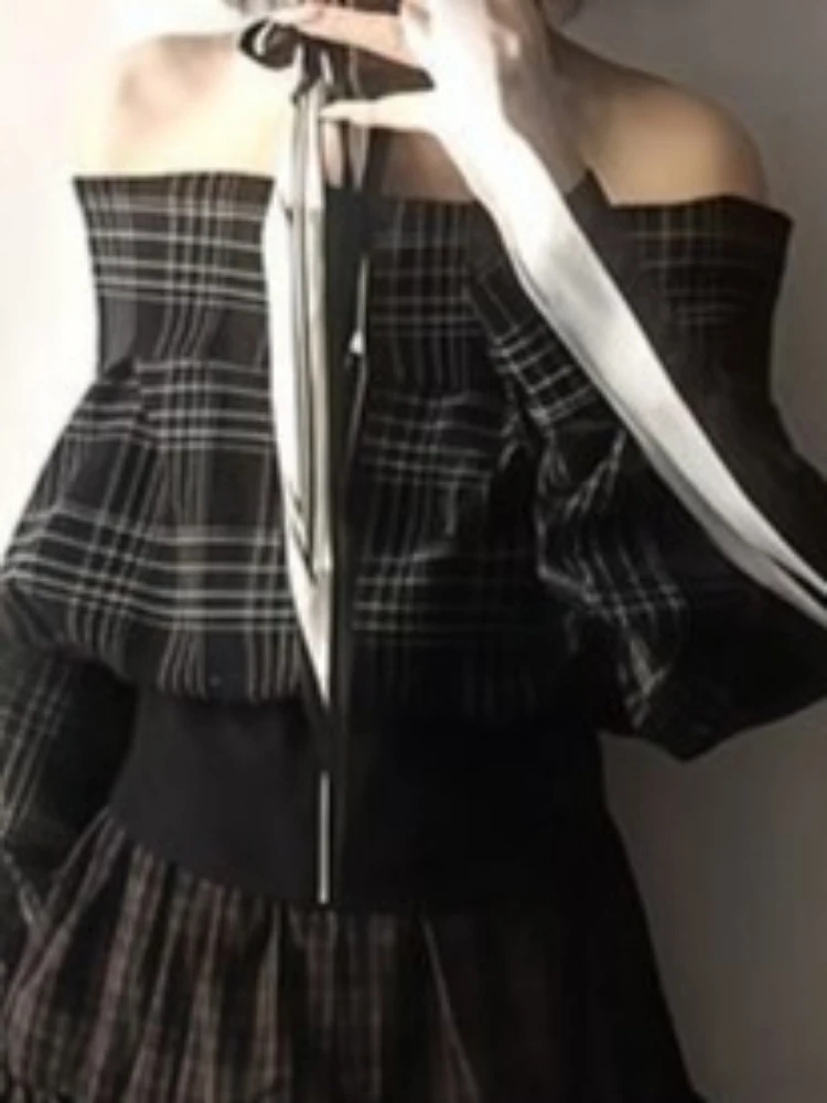 일본 2피스 세트 여성 슬래시 넥 체크 무늬 그랜지 지퍼 블라우스 + 빈티지 하이웨이스트 러플 스커트 Y2K 감성 의상