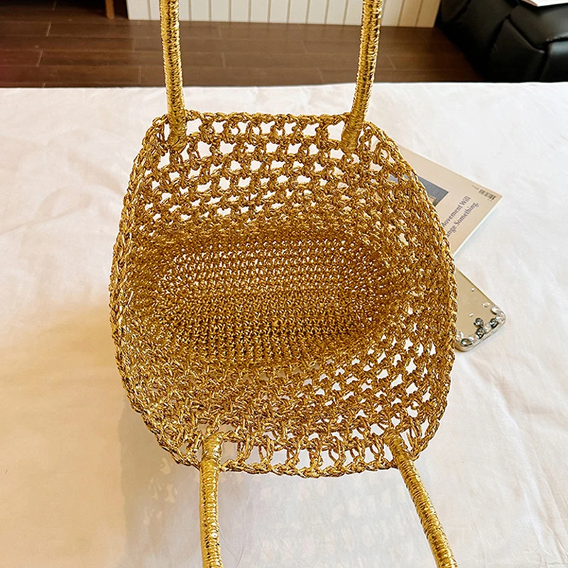 Goldene Hohlgeflechtte Shopper-Markttasche, Damen Casual Chic Strand- und Pendler-Tragetasche, Koreanische Bucket-Handtasche – Detail 2