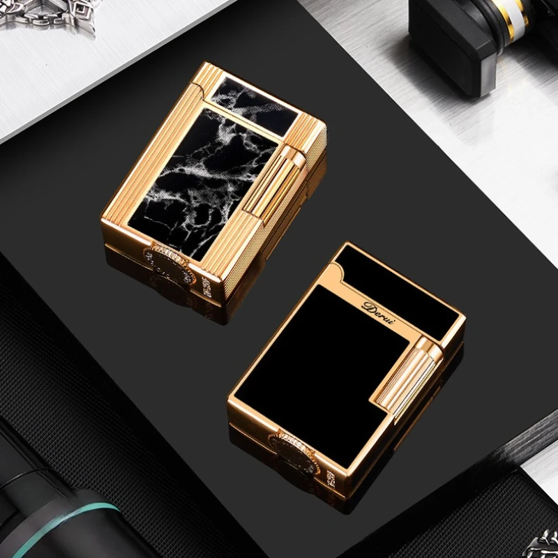 

DERUI Boutique Боковая газовая зажигалка с открытым пламенем, высококачественная кожаная подарочная коробка, металл, мужской праздничный подарок
